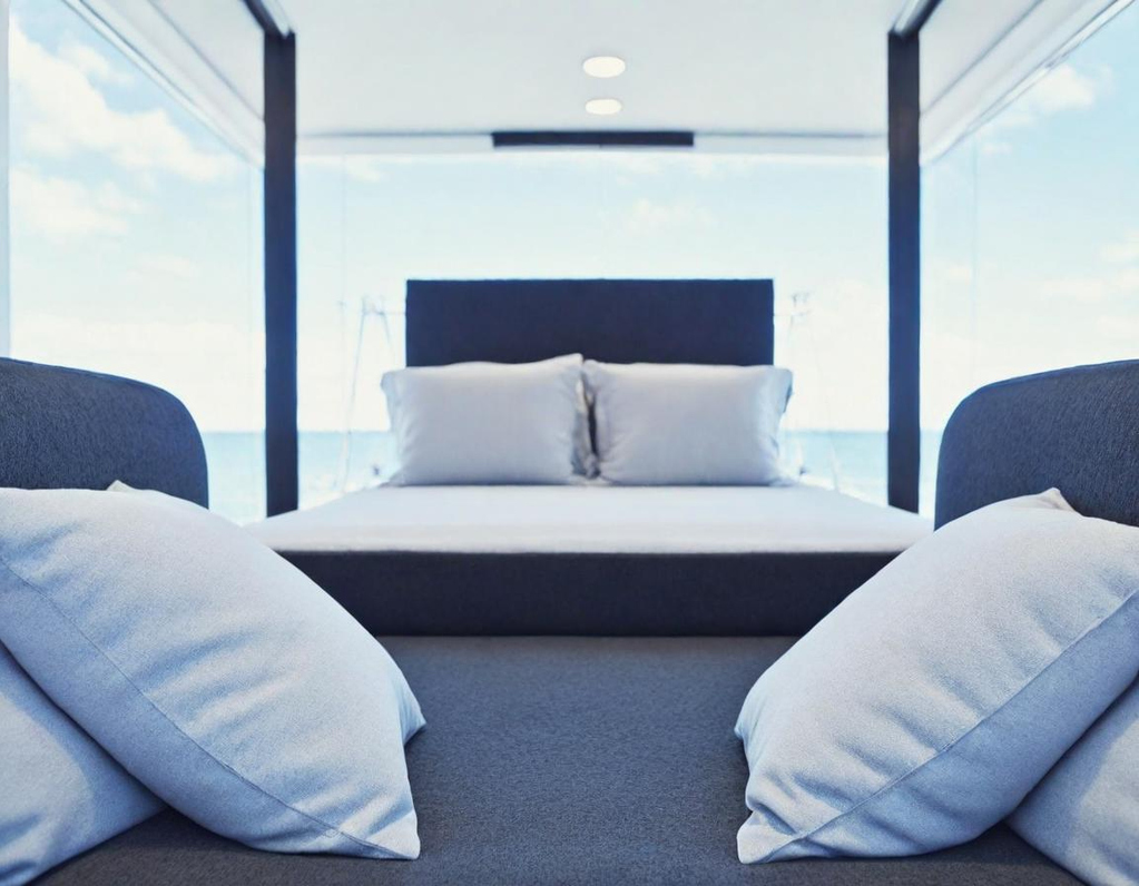 Modern boat interior with decorative pillows, and a view of the ocean.