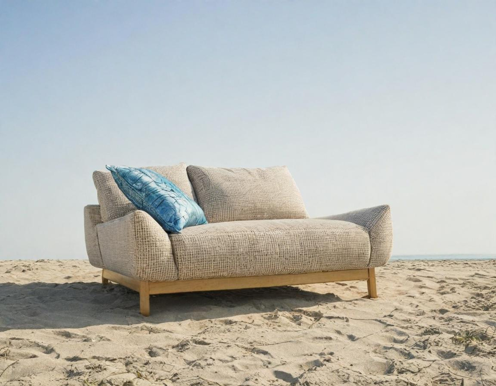 A modern beige sofa with a blue pillow on sandy beach under a clear sky.