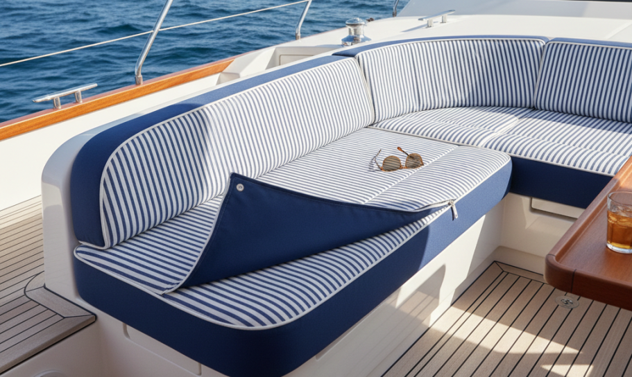 Navy and white striped cushions on a boat with a small table and drinks.